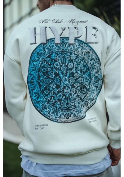 Modi Üç İplik Bisiklet Yaka Baskılı Sweatshirt - Beyaz Açık Kahverengi - Beyaz