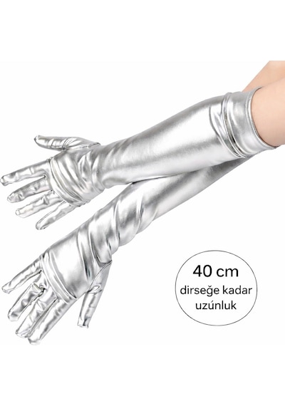 Gümüş Renk Dirsek Altı Lüks Saten Eldiven 40 Cm 5691 "