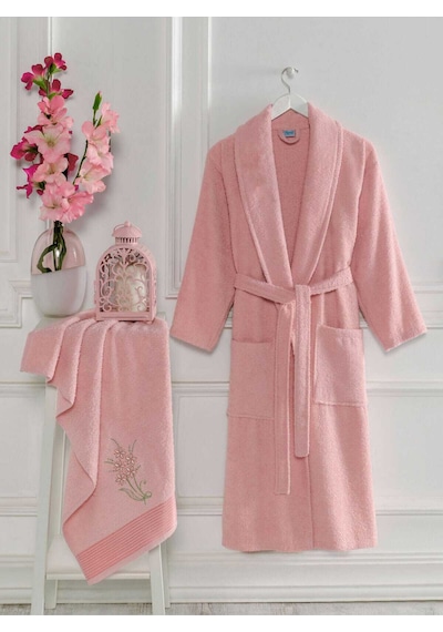 Kadın Havlulu Banyo Bornoz Takımı Pamuklu Pembe Renkli