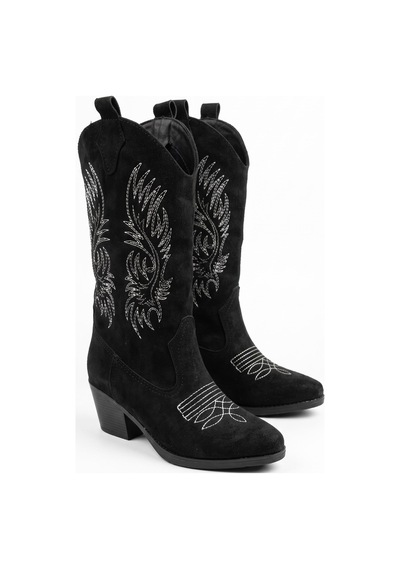 V.s.h Velvet Sara Kadın Western Basklılı Siyah Kovboy Çizme -2554