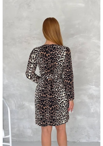 Dip Moda Kadın Leopar Desenli Mini Elbise Dpnbk2162 Kahverengi
