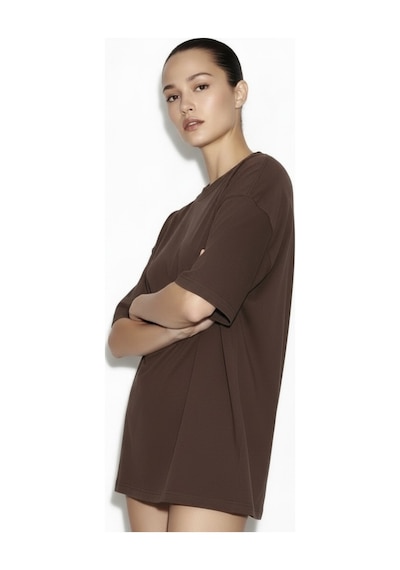 Feg Store %65 Pamuk Kadın Oversize Kahverengi Fit Bisiklet Yaka T-shirt