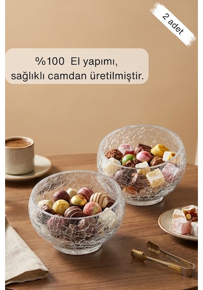 Selen Concept Kırıntı Model El Yapımı Cam Kase 2'li Set Şeffaf