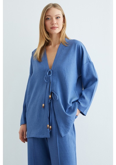 Fullamoda Önü Bağlamalı Keten Kimono 2 Li Takım İndigo