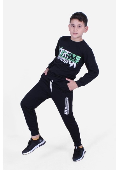 Fyk Kids Yuvarlak Yaka Baskılı Erkek Çocuk Eşofman Takımı Siyah