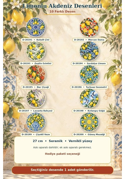 Dekoratif Duvar Tabağı Limonlu Akdeniz Desenleri Dekorlu Seramik Tabak Mavi