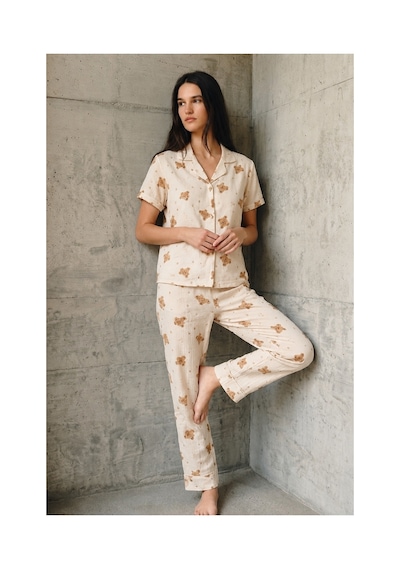 Fit Women V Yaka Düğmeli Casual Kırık Beyaz Pijama Takımı