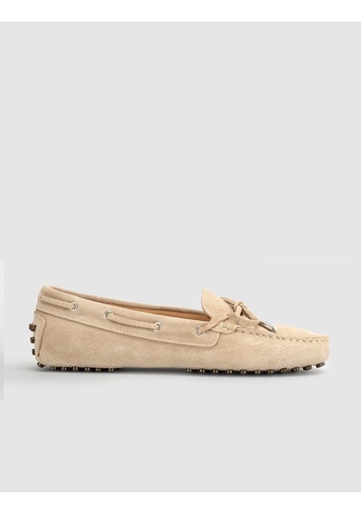 Bej Hakiki Deri Bağcıklı Günlük Loafer Mokasen Kadın Ayakkabı