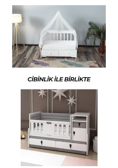 Patiko R 131 Beyaz Büyüyebilen ,cibinlikli Beşik Gri