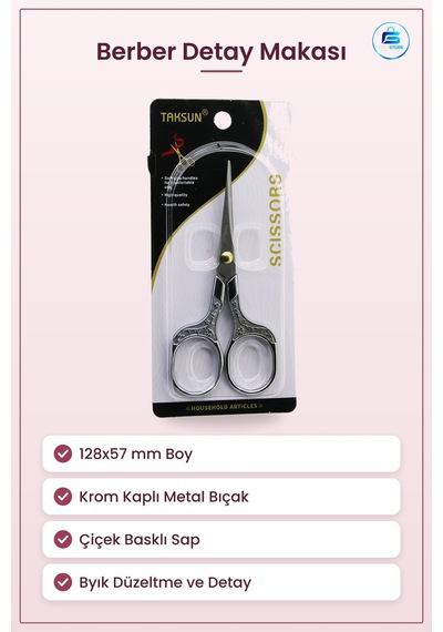 Saç Kesim Makası Bıyık Berber 128x57 Mm Krom Kaplı Çiçek Basklı S