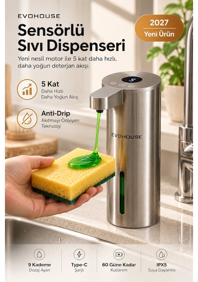 Otomatik Sensörlü Sıvı Sabun Dispenseri Paslanmaz Çelik Inox - P25 Model Gümüş