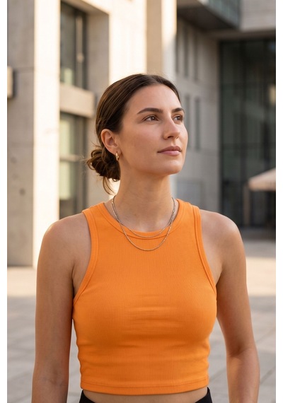 Kadın Turuncu Fitilli Crop Atlet Yüksek Bel Kombin Uyumlu Esnek Vücuda Oturan Yazlık Crop Bluz