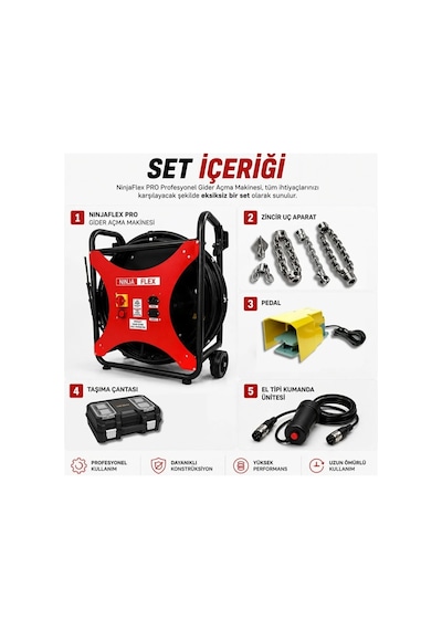 ninjaflex PRO Profesyonel Gider Açma Makinesi 20 Metre Otomatik Tamburlu 1400 Watt (El Kumandası + Ayak Pedalı)