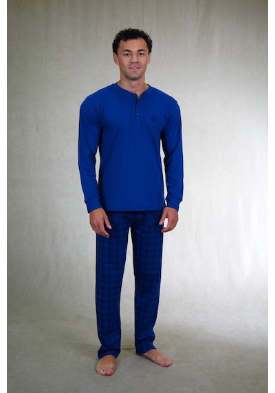 Estiva Erkek Kareli İndigo Patlı İnterlok Pijama Takımı Çok Renkli