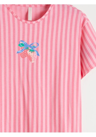 Lc Waikiki Pembe Bisiklet Yaka Çizgili Kadın Gecelik