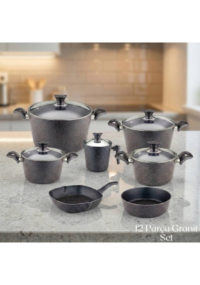 12 Parça Granit Set Cam Kapak - Siyah Siyah