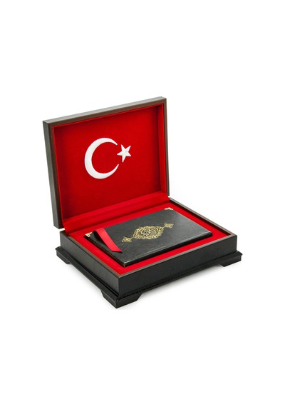 Ahşap Kutulu Türk Bayraklı Orta Boy Kuranı Kerim Özel Kadife Sandıklı Hediyelik Set