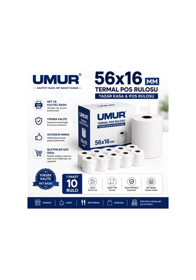 Tr Umur 56x16 Yazarkasa Termal Pos Rulosu Net Baskı Yüksek Kalite 1 Paket - 10 Adet