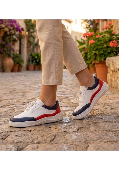 Twoegoist Kadın Hakiki Deri Spor Ayakkabı / Sneakers Beyaz - Lacivert - Kırmızı