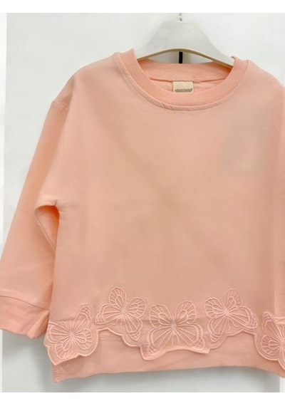 Kız Çocuk Kelebek İşlemeli Sweatshirt-14229 Pudra