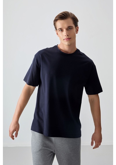 Air Jones Tommy Life Lacivert Pamuklu Kalın Yumuşak Dokulu Oversize Fit Basic Erkek T-shirt - 88377 Lacivert