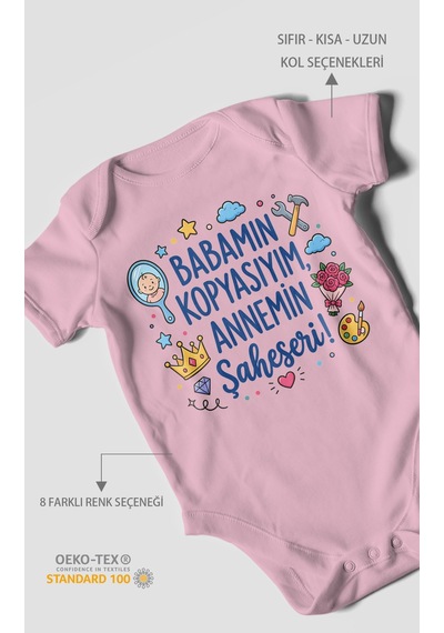 Morivokids Babamın Kopyasıyım Annemin Şaheseri Kısa Kollu Bebek Body %100 Pamuk Koyu Pembe