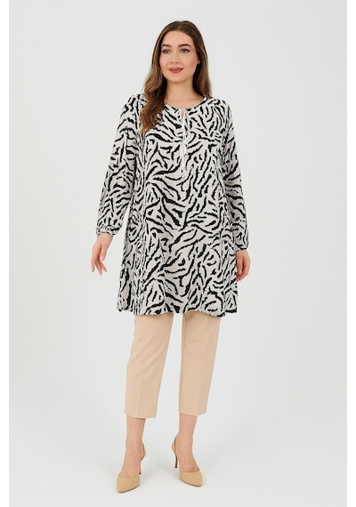 Kadın Siyah Büyük Beden Zebra Desenli Dokuma Tunik