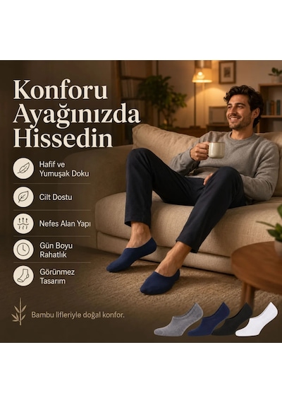 Erkek Bambu 8 Li Babet Çorap Görünmez No Show Dikişsiz Silikon Topuklu Çok Renkli