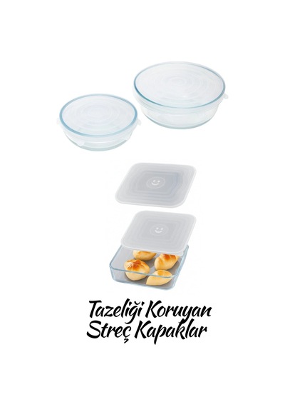 2 Boy Kare Ve 2 Boy Yuvarlak Esnek Streç Saklama Kapağı - 4 Lü Silikon Borcam Kapağı Seti Beyaz