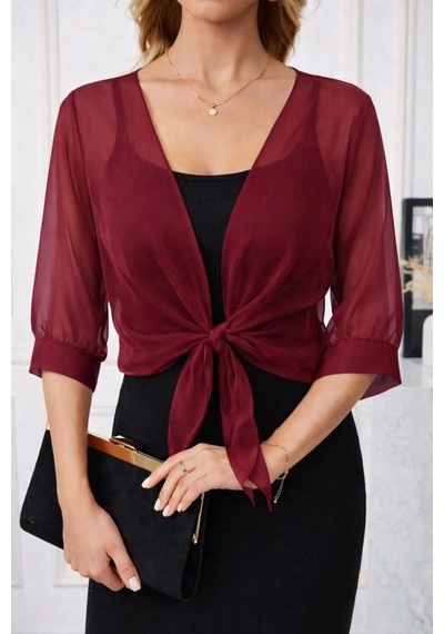 Defymoda Kadın Fakir Kollu Önden Bağlamalı Kısa Şifon Bolero Ceket Bordo