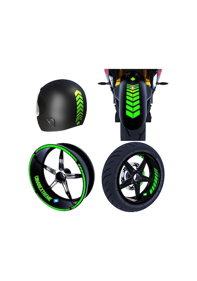 Moto Rider 4'lü Sticker Seti Floresan Yeşil İç Dış Jant Şeridi Kask Ve Çamurluk Çınar Extreme