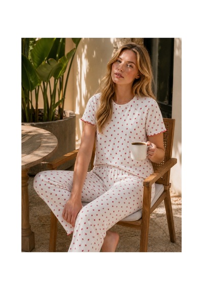 Rindahomewear Kadın Alaçatı Kumaş Çilek Desenli Kısa Kollu Yazlık Pijama Takımı Çilekbaskılı