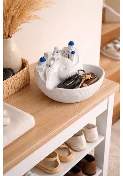 Santorini Temalı Dekoratif Anahtarlık Tabak Deniz Kabuğu Tasarım Anahtarlık Organizer 11x16 Cm