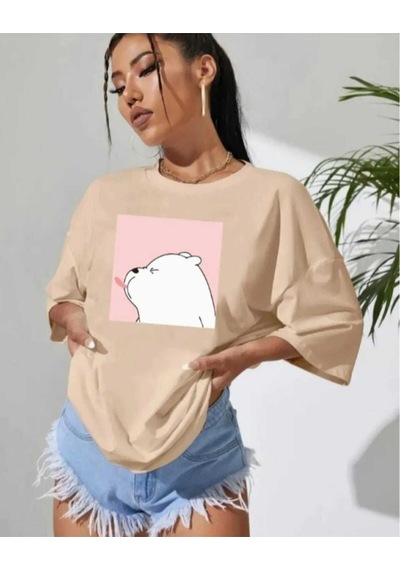 Kozia Outdoors Malkoçbey Sevimli Ayı Baskılı Oversize Basic T-şhirt Bej Bej