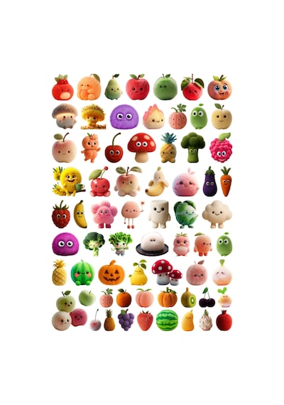 66 Adet Tüylü Meyve Ve Sebze Sticker Seti - Etiket Seti Scrapbook Bullet Journal Çok Renkli