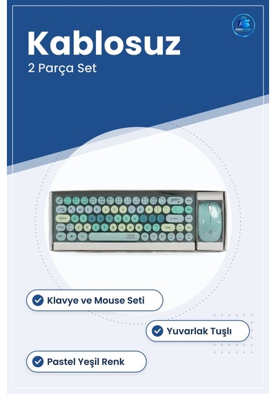 Kablosuz Klavye Mouse Set Yeşil Yuvarlak Tuşlu Masaüstü Ofis Ve E Optik
