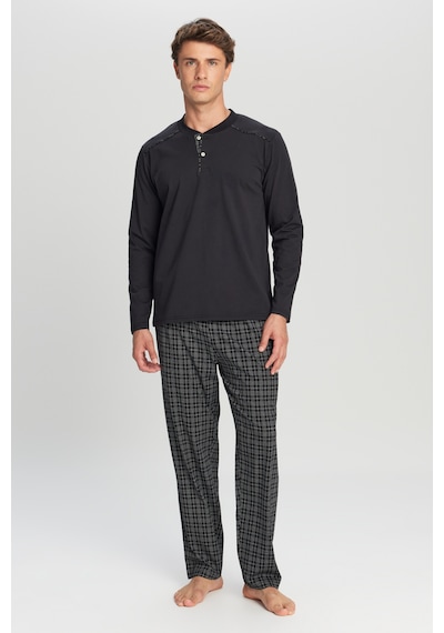 AC&Co / Altınyıldız Classics Erkek Sıyah %100 Pamuk Standart Fit Hakim Yaka Desenli Cepli Pijama Takımı Siyah