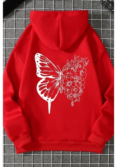 Uyguntarz Unisex Drawing Butterflies Sırt Baskılı Sweatshirt Kırmızı