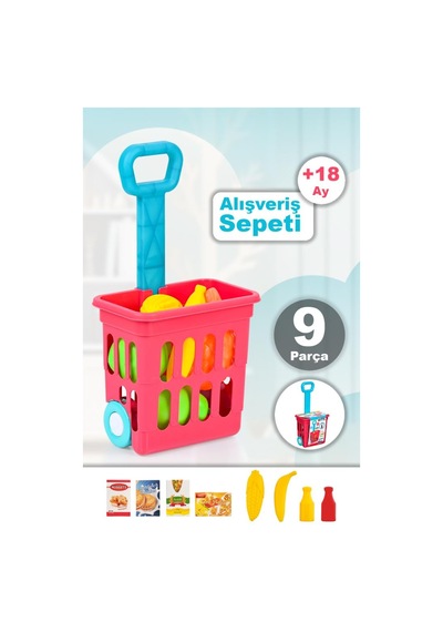 9 Parça Oyuncak Alışveriş Sepeti - Meyve Sebze Atıştırmalık Dolu Kulplu Market Arabası