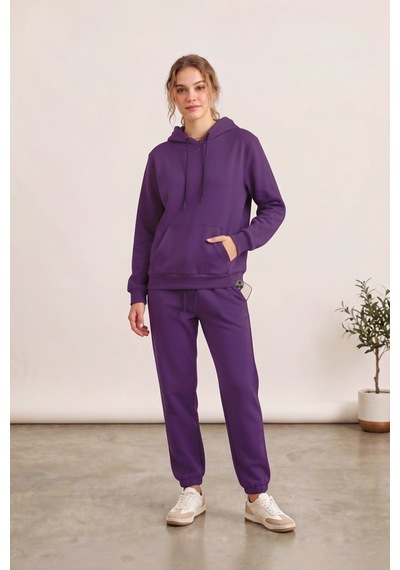 Moibody Kadın 3 İplik Şardonlu Eşofman Takımı Premium Kapüşonlu Sweatshirt Ve Jogger Alt Mor Mor