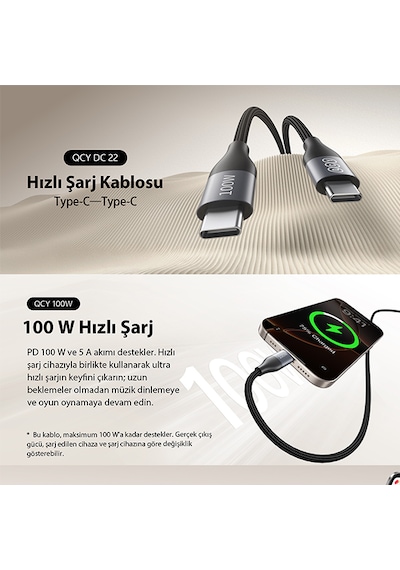100w Type-c Şarj Kablosu 1.2 Metre Halat Örgü 480mbps Kırılmaz Bükülmez Data Kablosu Dc22 Siyah