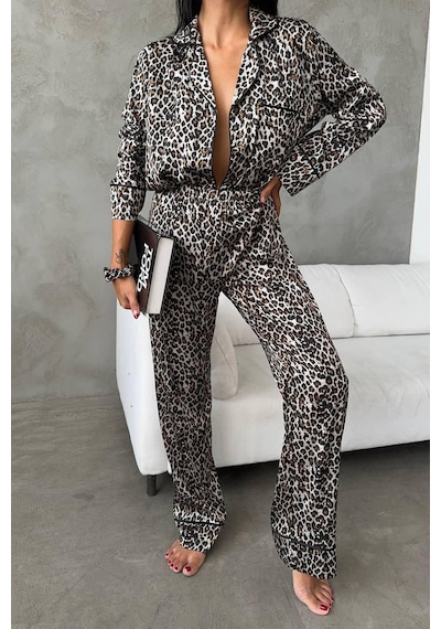 Yeşil Leopar Dijital Baskılı Uzun Saten Pijama L Yeşil - Gri