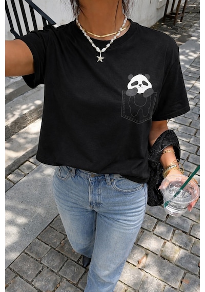 Panda Baskılı Unisex Basic Tişört Rahat Kesim Günlük Stil Siyah