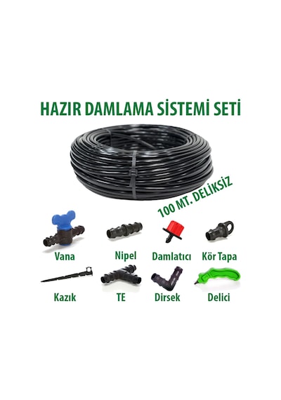 16x0,9mm 100 Metre Düz Damlama Borusu Sistemi Hazır Damlama Seti Set-07
