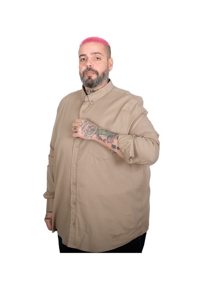 Mode Xl Büyük Beden Erkek Uzun Kollu Gabardin Cepli Gömlek 25604 Bej Bej
