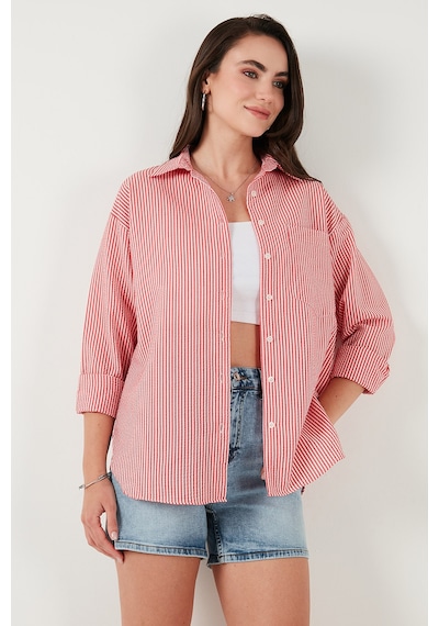 Lela Regular Fit Uzun Kollu Cepli Çizgili Bayan Gömlek 6772895 Kırmızı