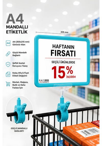 A4 Mandallı Fiyatlık Etiketlik Sepet Raf Askılık Fiyat Etiketi Çerçeveli Market Mağaza Turkuaz