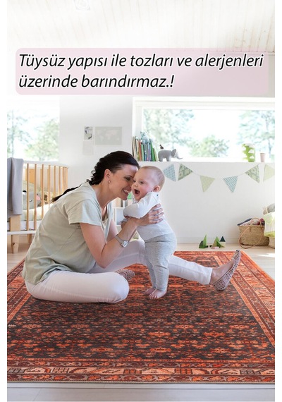 Foldy Vintage Desenli Dokuma Taban Dekoratif Kırmızı Halı Fl 45 Kırmızı 9