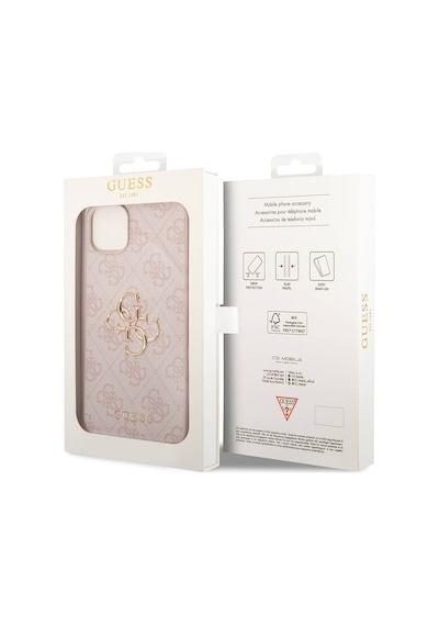 Apple Uyumlu iPhone 15 Plus Kılıf Guess Lisanslı Pu Deri Yazı Ve 4g Metal Logolu Desenli Kapak Pembe