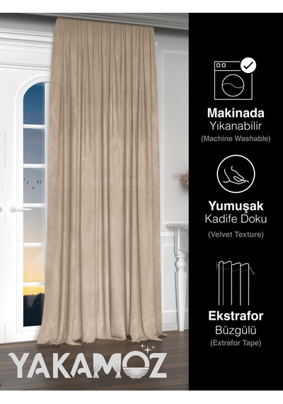 Yakamoz Kadife Görünüm Kum Beji Ada Fon Perde Ekstraforlu Velvet Touch Serisi Kum Beji